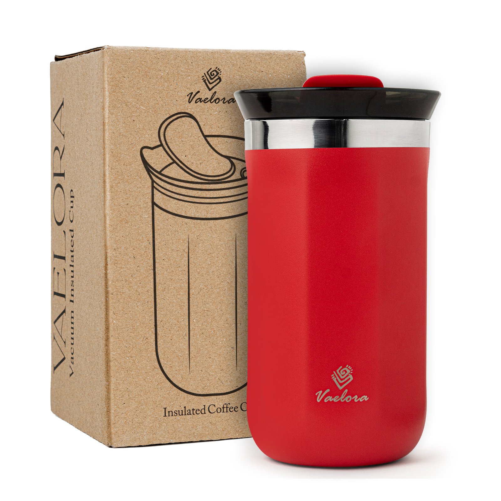 Red Vaelora insulated coffee travel mug and its brown cardboard packaging box.